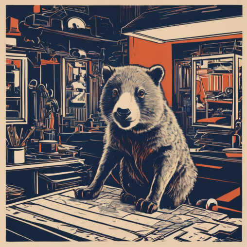 A black, white and red image of a bear in a printshop or studio