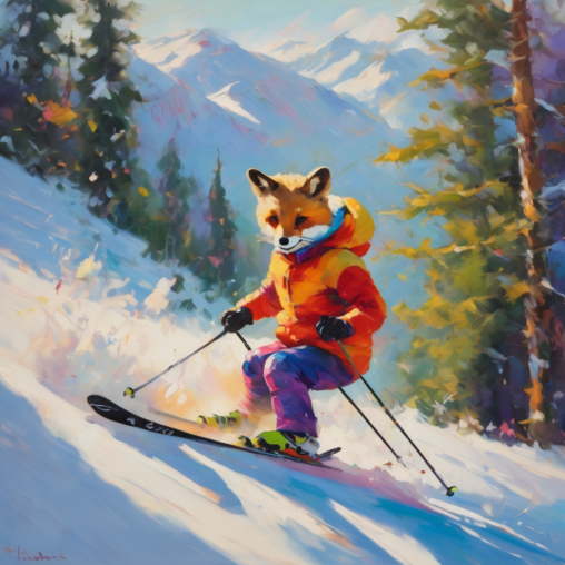 A fox in an orange coat skiing down a snowy hill