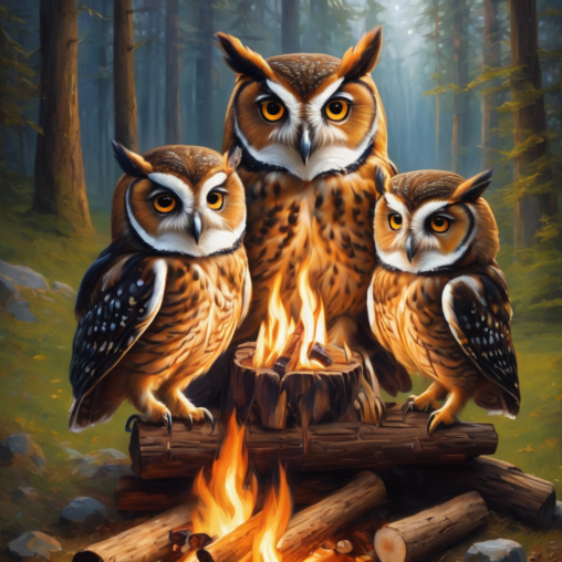 Three owls sitting by a campfire