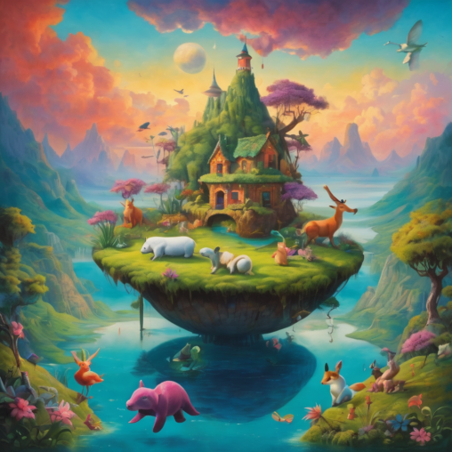 A fantastical image of animals on a floating island